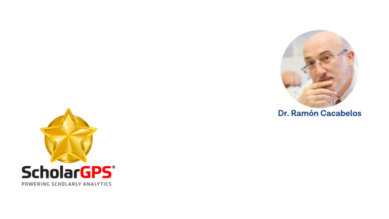 Logotipo de Scholar GPS que presenta una estrella dorada, acompañada de una foto de un hombre con gafas y manos cerca de su cara, etiquetado Dr. Ramón Cacabelos.