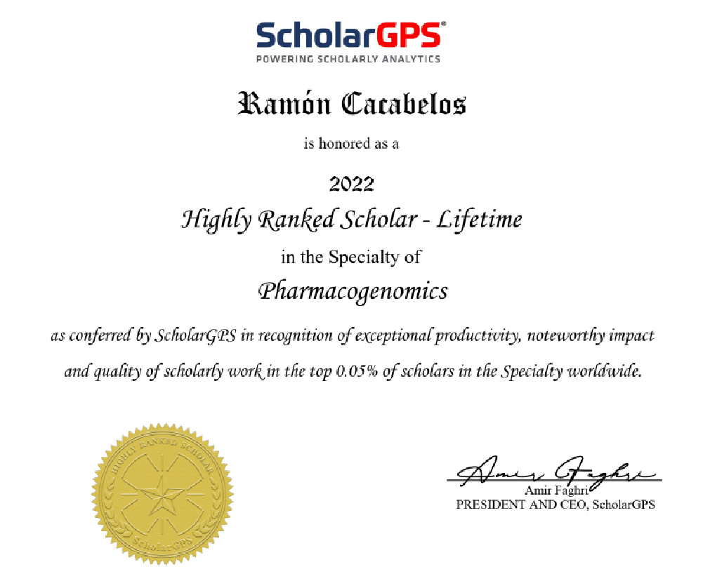 Certificado otorgado a Ramón Cacabelos como Highly Ranked Scholar - Lifetime in Pharmacogenomics 2022, en reconocimiento a su excepcional productividad e impacto dentro del top 0,08% de académicos a nivel mundial. Este honor, avalado por el Centro Médico de Neurociencias: Medicina Genética, incluye sello dorado y firmas.